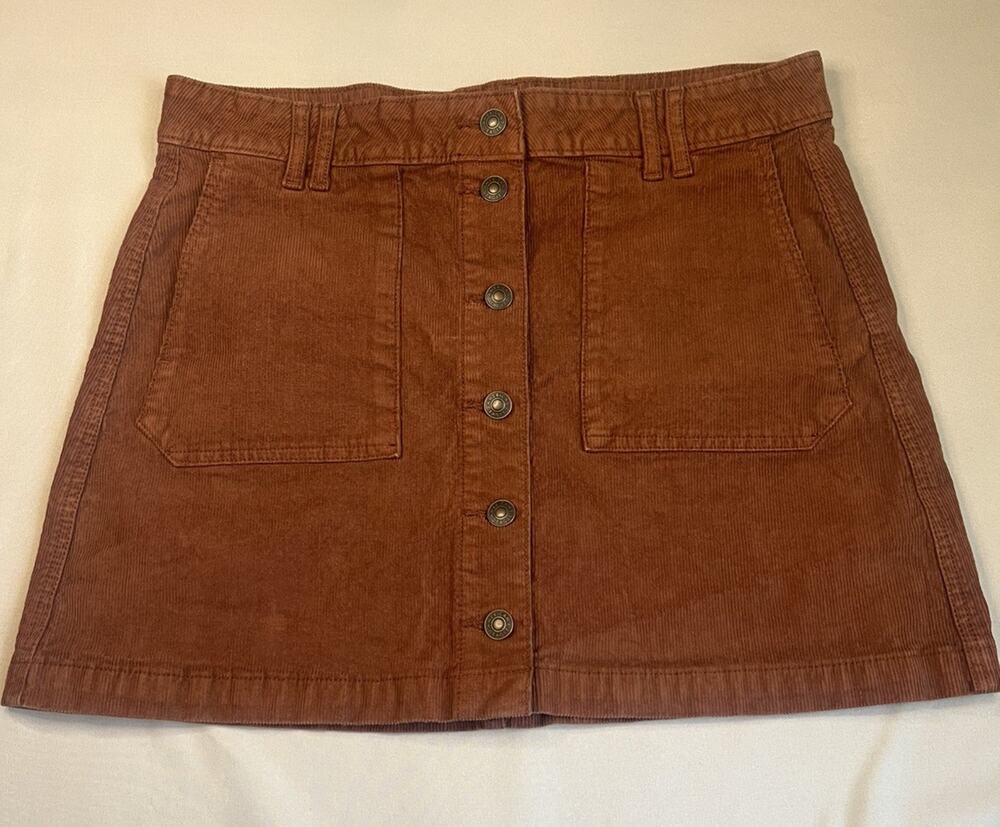 American Eagle Super Stretch Hi-RIse Brown Corduroy A-Line Button Up Skirt Sz 10